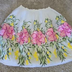 Gracia Embroidered Floral Mesh Midi Skirt XL White Cottagecore Romantic Resort